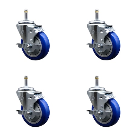 Service Caster 4'' Blue Poly Swivel 7/16'' Grip Ring Stem Caster Set with Brake, 4PK SCC-GR20S414-PPUB-BLUE-TLB-716138-4
